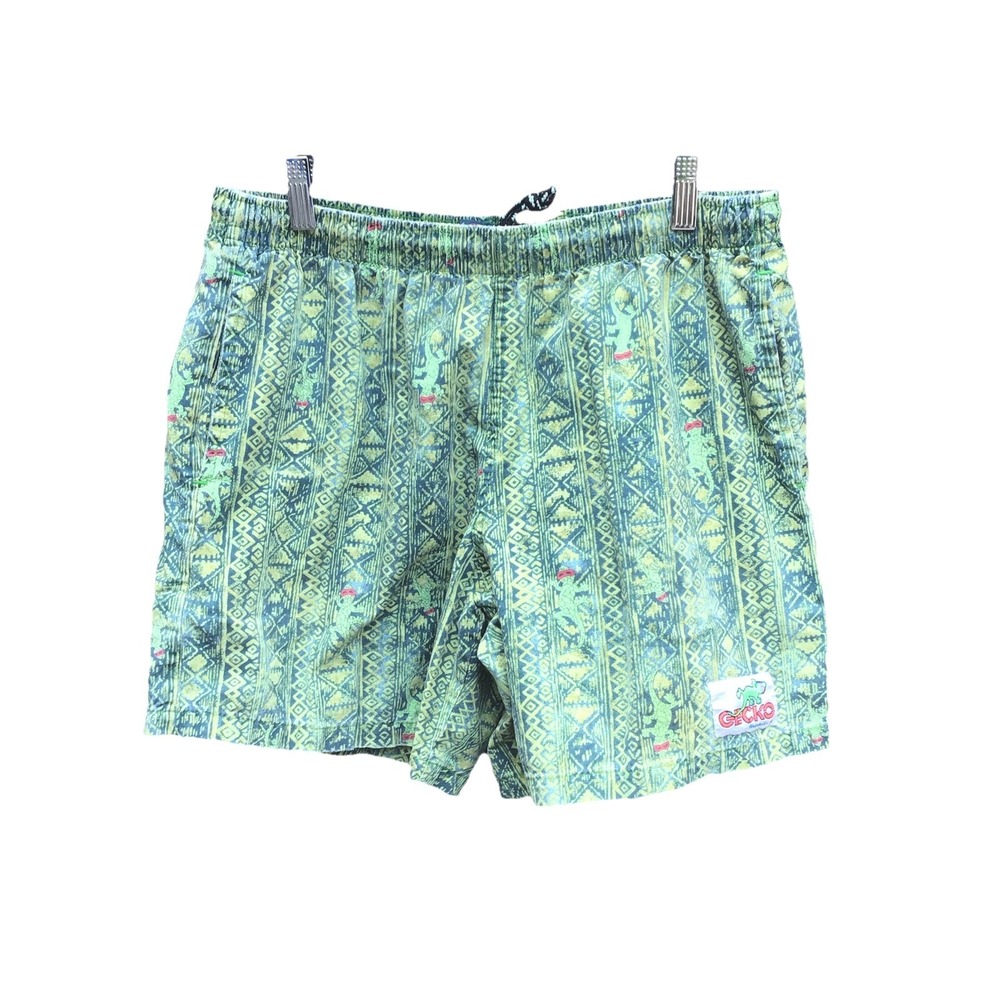 Vintage Gecko Hawaii Shorts Men's Medium Green Tribal Gecko Lizard Print 90s